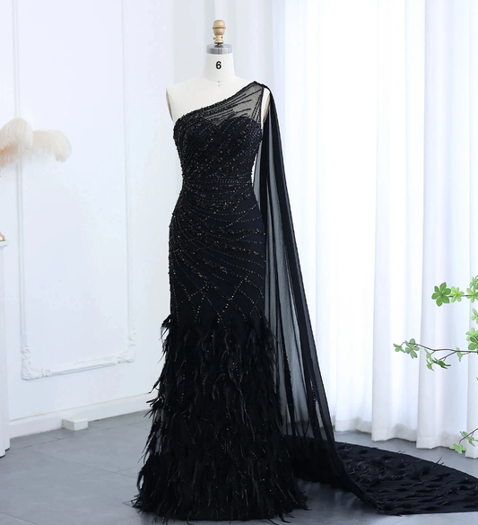 Luxurious Sheath One Shoulder Beaded Feather Long Prom Dress Evening Dress DP1494