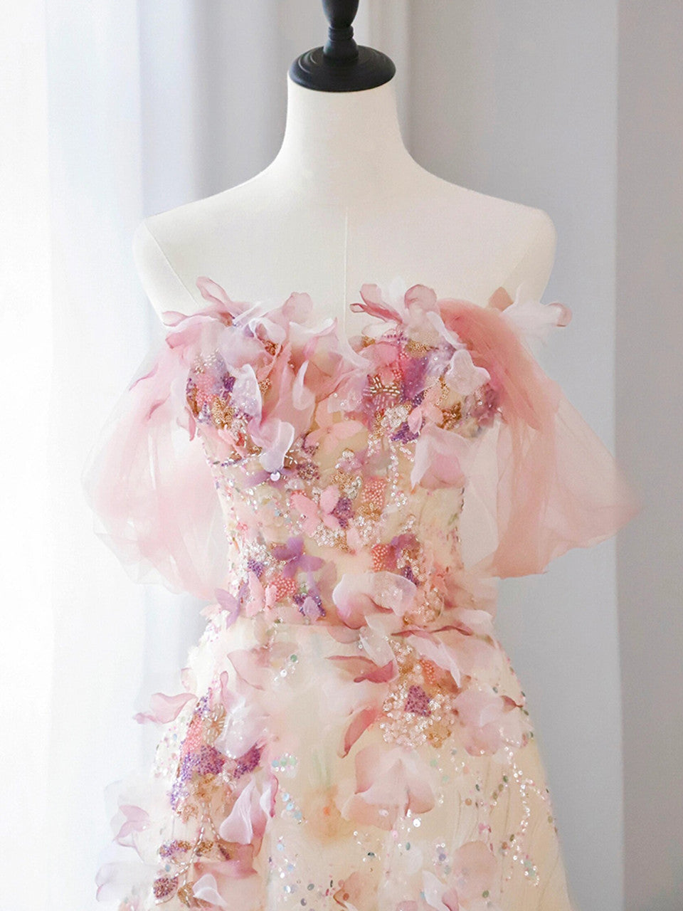 A Line Off the Shoulder Pink Sequins 3D Flower Tulle Long Prom Dress DP1432