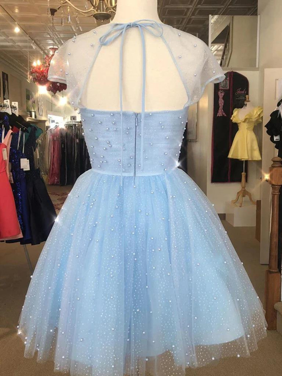 Blue A Line Square Pearls Sequins Tulle Homecoming Dress DP797
