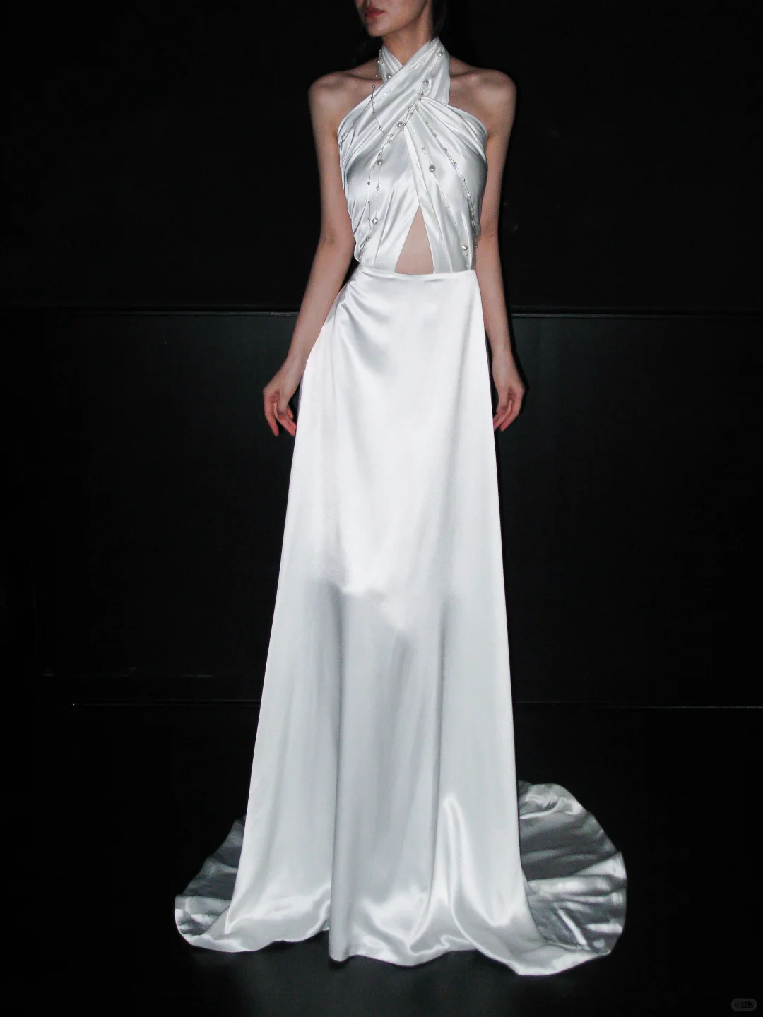 Simple High-class A Line Halter Pearl White Satin Backless Long Wedding Dress DP6376