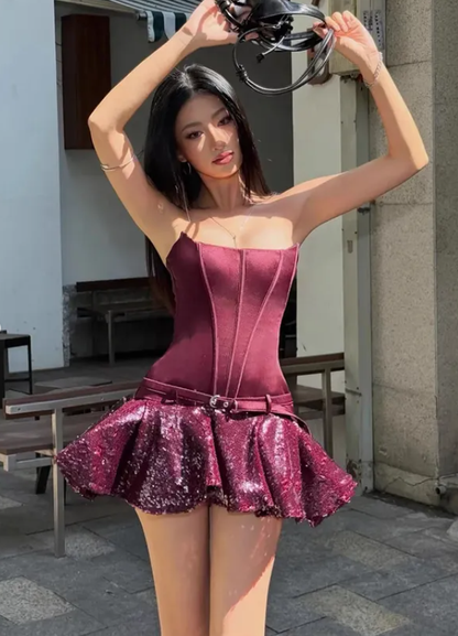 Sexy A Line Strapless Sequin Satin Short Homecoming Outfits DP4254