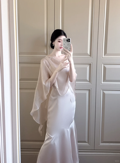 Gentle Apricot Mermaid Chiffon Satin Long Prom Dress Outfits DP4617