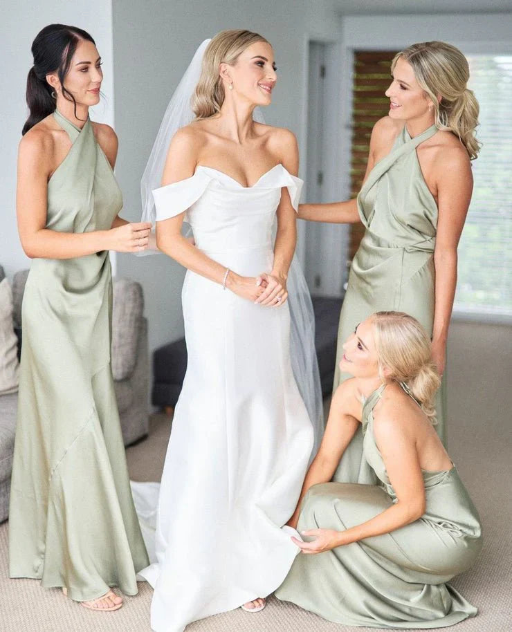 Charming Sheath Hatler Satin Sage Long Bridesmaid Dresses DP5563