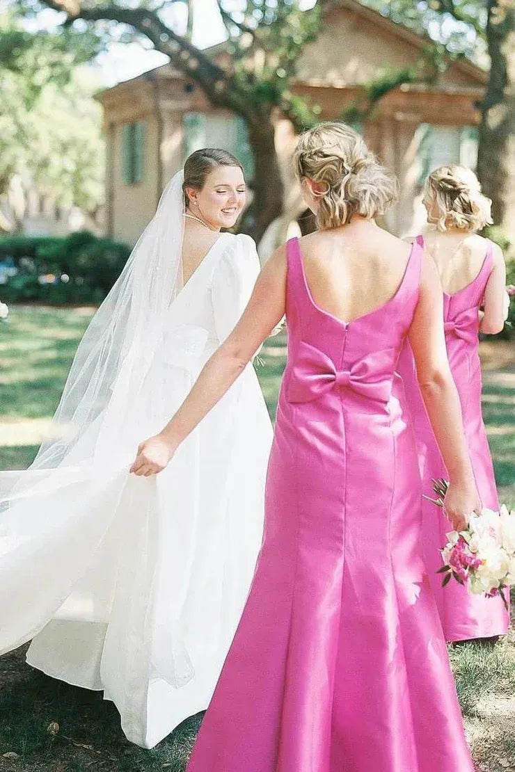 Sheath Square Neck Fuchsia Satin Bridesmaid Dresses with Bow DP5557