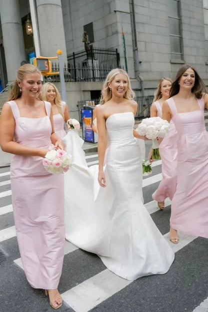 Pink Straps Sheath Square Neck Satin Sleeveless Long Bridesmaid Dress DP5552