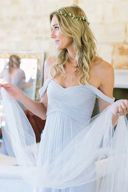 Light Blue A-Line Off the Shoulder Long Chiffon Boho Bridesmaid Dress DP5541