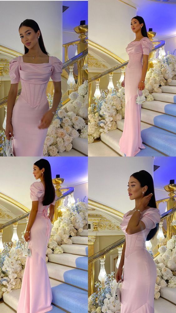 Pink A Line Puff Sleeve Satin Prom Dresses Women Formal Party Evening Gown DP2018