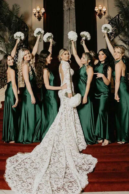 Emerald Halter Satin Pleated Mermaid Sleeveless Long Bridesmaid Dress DP5544