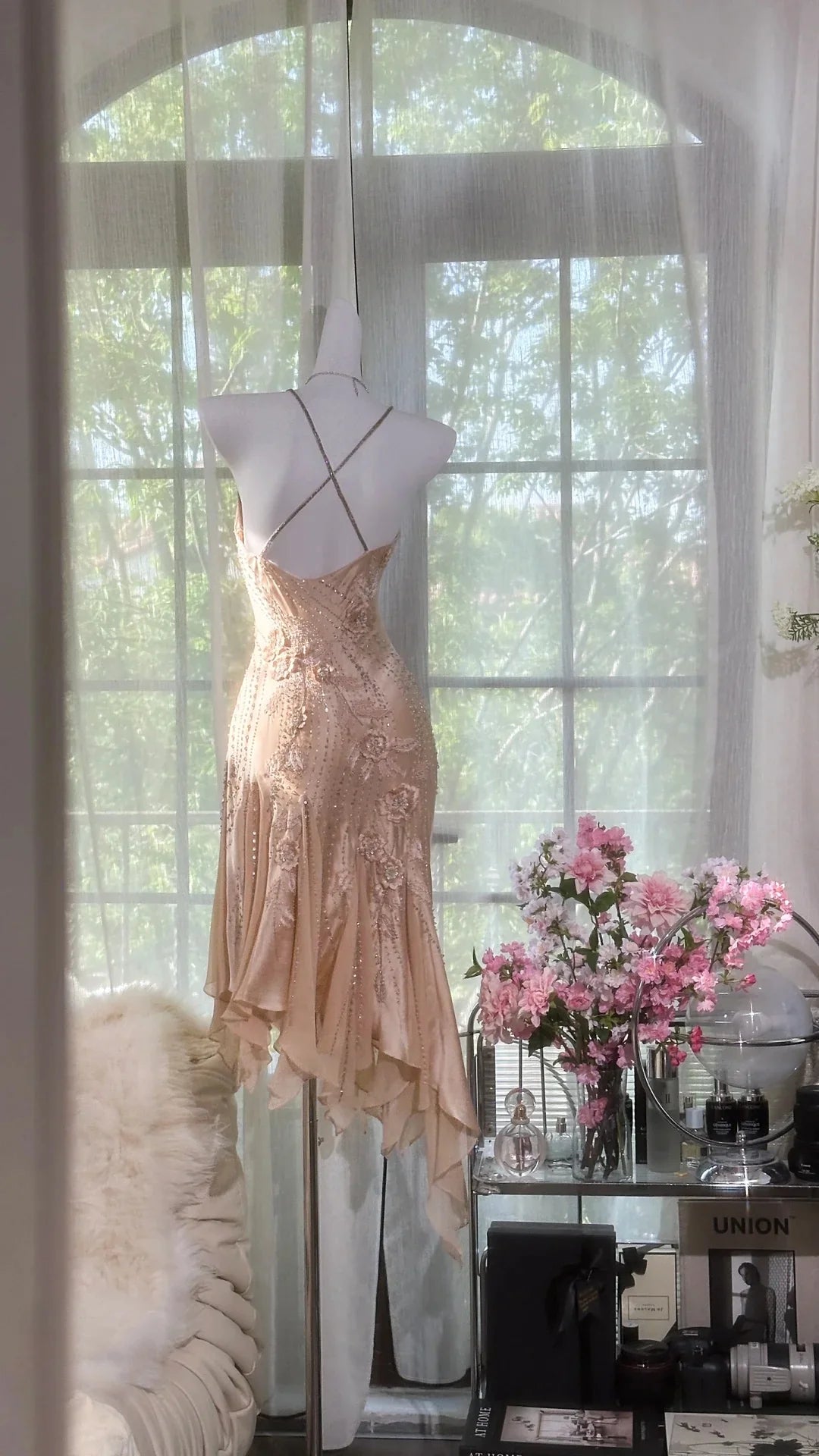 Vintage Mermaid Spaghetti Strap Beaded Ruffle Satin Chiffon Short Homecoming Dress DP2468