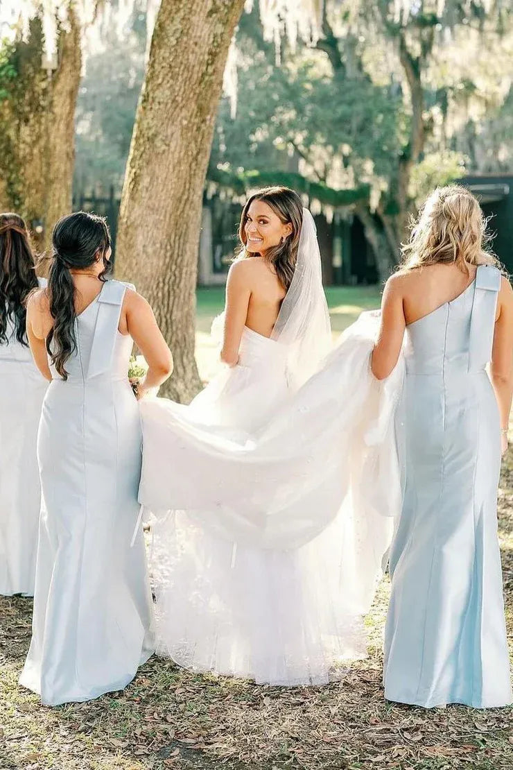 Light Blue One Shoulder Satin Sheath Long Bridesmaid Dresses DP5567