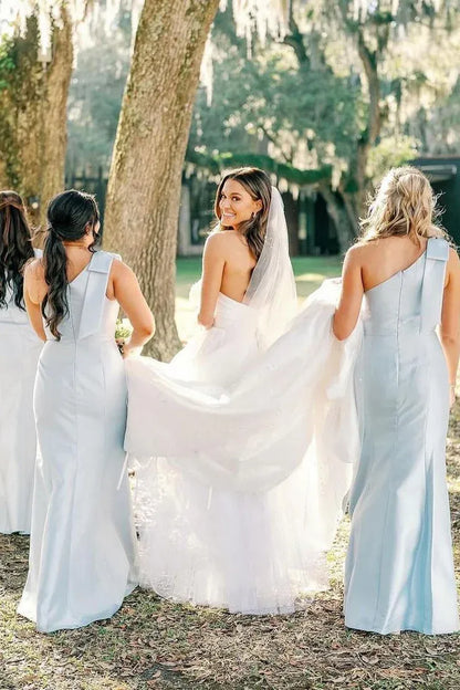 Light Blue One Shoulder Satin Sheath Long Bridesmaid Dresses DP5567