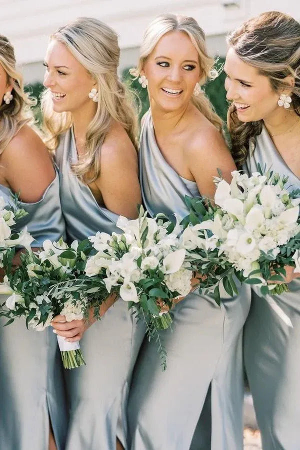 Sheath Slit Ankle Length Bridesmaid Dresses with One Shoulder DP5558