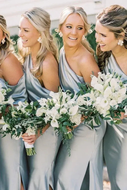 Sheath Slit Ankle Length Bridesmaid Dresses with One Shoulder DP5558