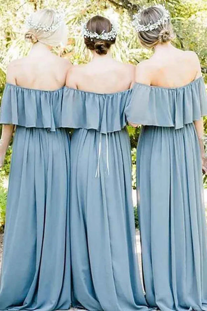 Dusty Blue A-Line Off the Shoulder Long Chiffon Boho Bridesmaid Dress DP5542