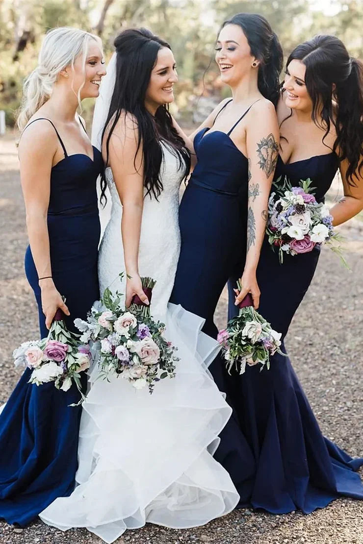 Navy Spaghetti Straps Mermaid Long Bridesmaid Dress DP5565