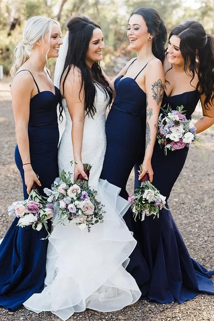 Navy Spaghetti Straps Mermaid Long Bridesmaid Dress DP5565