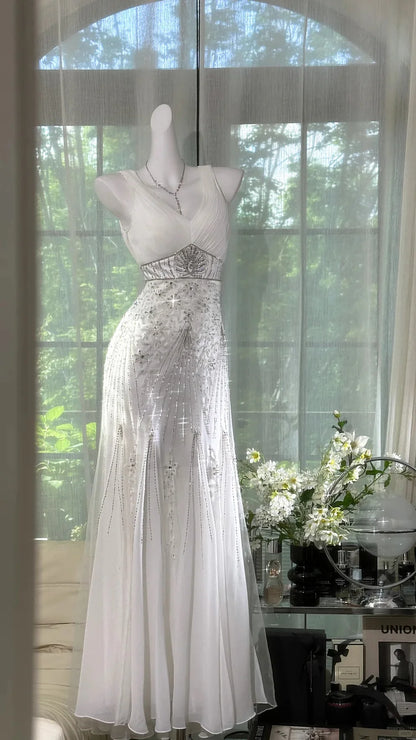 Gentle Mermaid V Neck Shiny Rhinestone White Chiffon Prom Dress Date Dress DP3802