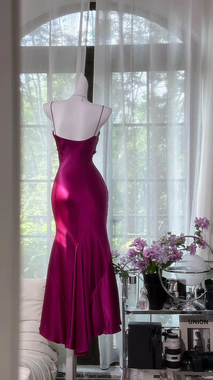 Elegant Mermaid Spaghetti Strap Pleated Satin Prom Dress Date Dress Wedding Guest Dress DP3803