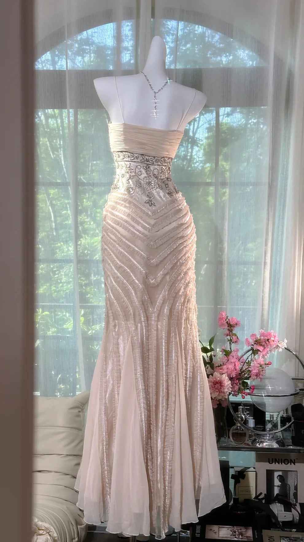 Light Apricot Mermaid Spaghetti Strap Beaded Chiffon Prom Dress Wedding Guest Dress DP3804