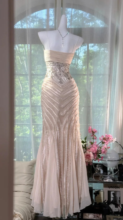Light Apricot Mermaid Spaghetti Strap Beaded Chiffon Prom Dress Wedding Guest Dress DP3804