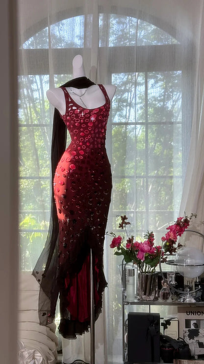 Exquisite Mermaid Straps Beaded Burgundy Chiffon Prom Dress Wedding Guest Dress DP3807