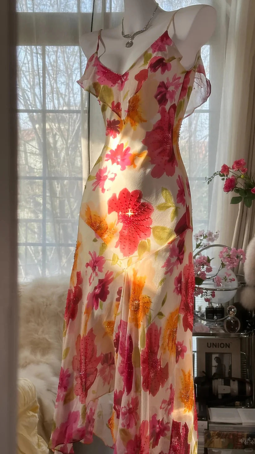 Colorful Romantic Floral Elegant Fashion Exquisite Beaded Long Chiffon Ball Dress Evening Dress Party Dress Valentine's Day Date Dress DP5080