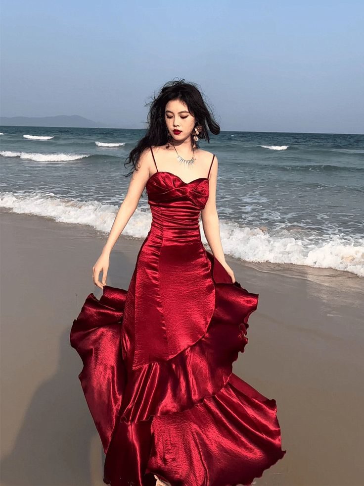 Burgundy Mermaid Spaghetti Straps Layered Satin Long Prom Dress Evening Dress DP2789