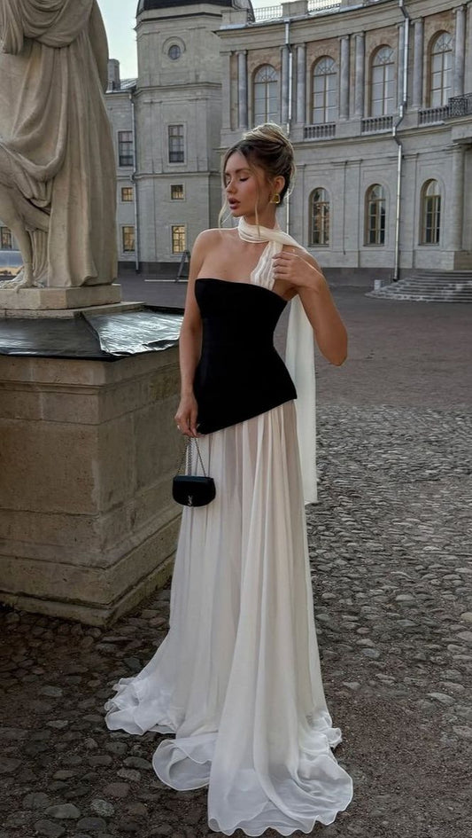 Black-white A Line Strapless Chiffon Satin Long Prom Dress Evening Dress DP8068