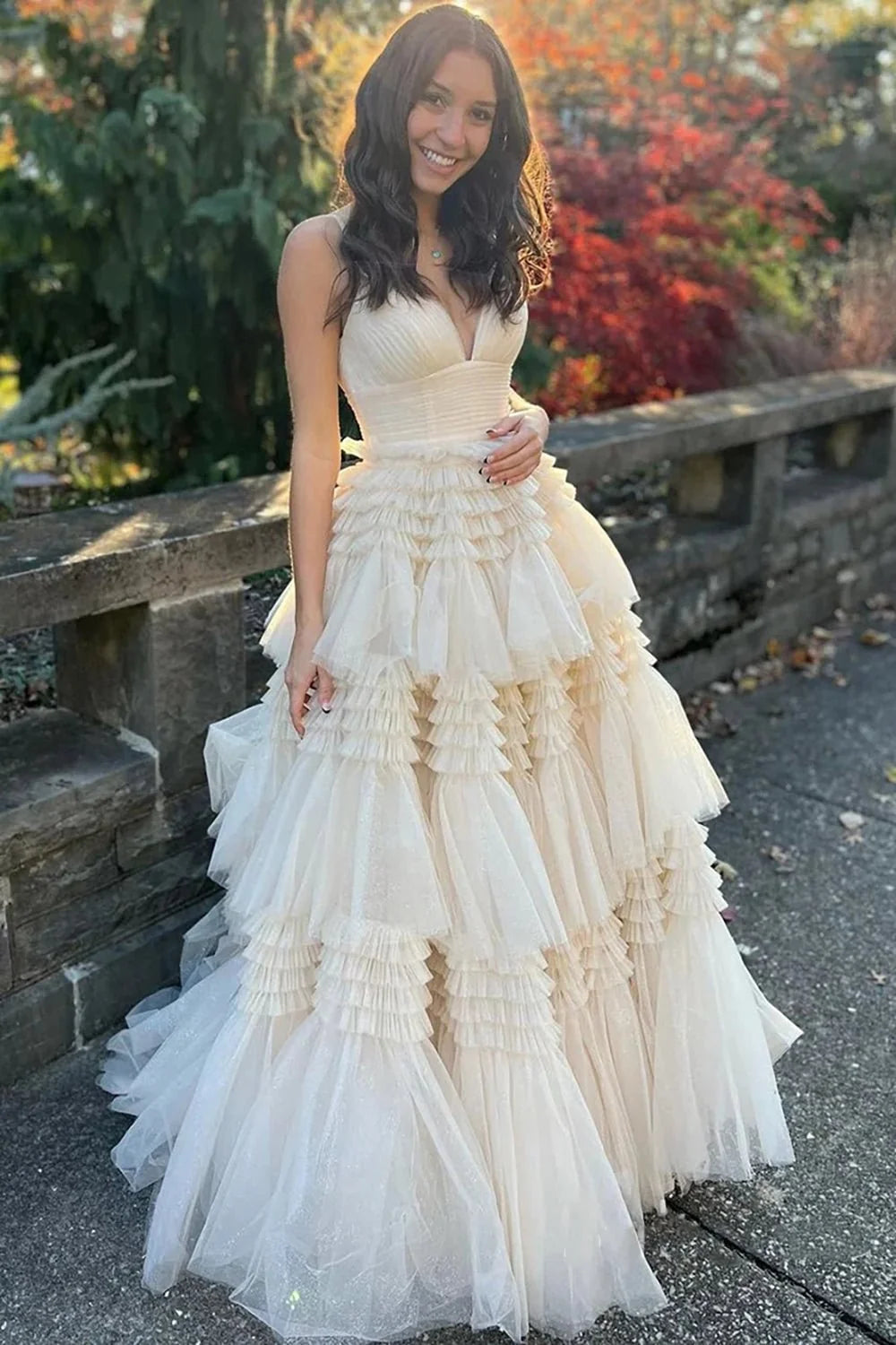 Apricot Ball Gown Spaghetti Strap Layered Tulle Long Prom Dress DP7748