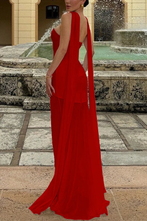 Sexy Red Sheath Strapless Ethereal Chiffon Long Prom Dress Evening Dress DP7114