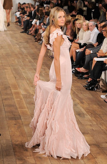 Elegant Mermaid V Neck Light Pink Ruffle Chiffon Long Prom Dress Evening Dress DP2135