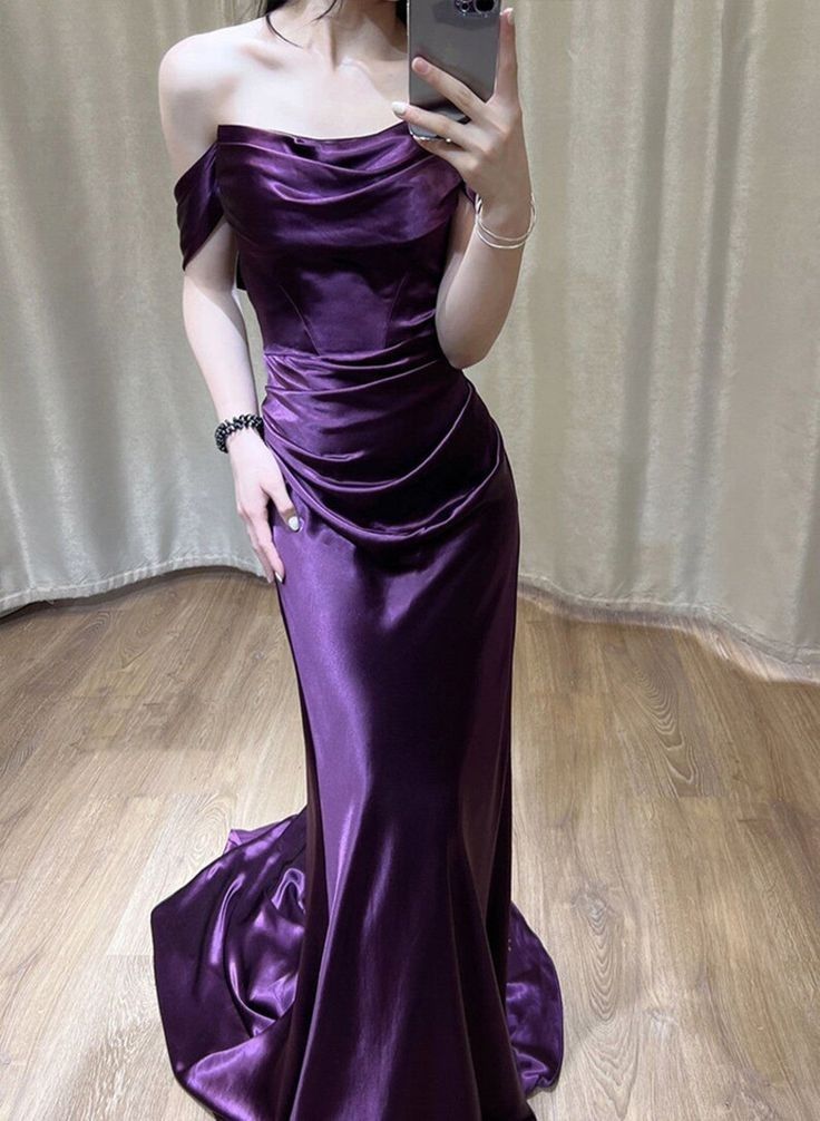 Charming Purple Sheath Off the Shoulder Satin Long Prom Dress Evening Dress DP6892
