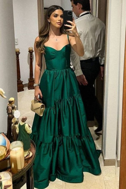 A Line Spaghetti Straps Green Long Satin Dress Evening Gown DP828