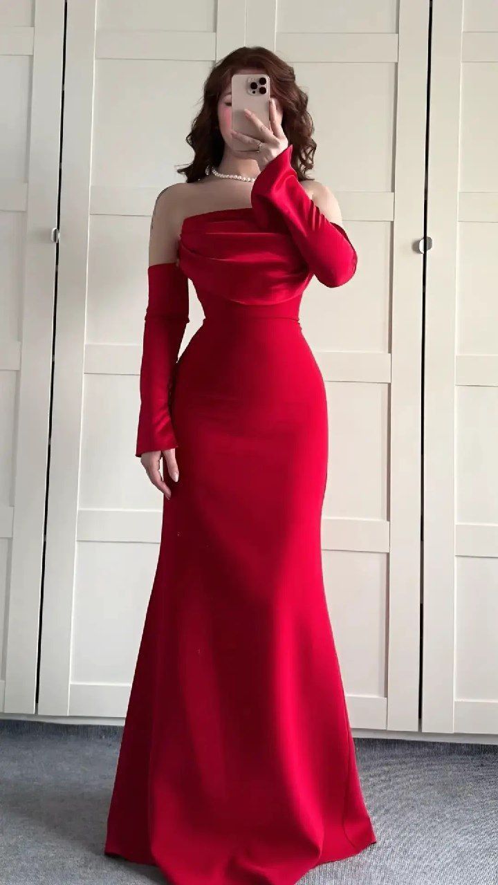 Cute Red Mermaid Long Sleeve Satin Prom Dress Evening Dress DP6722