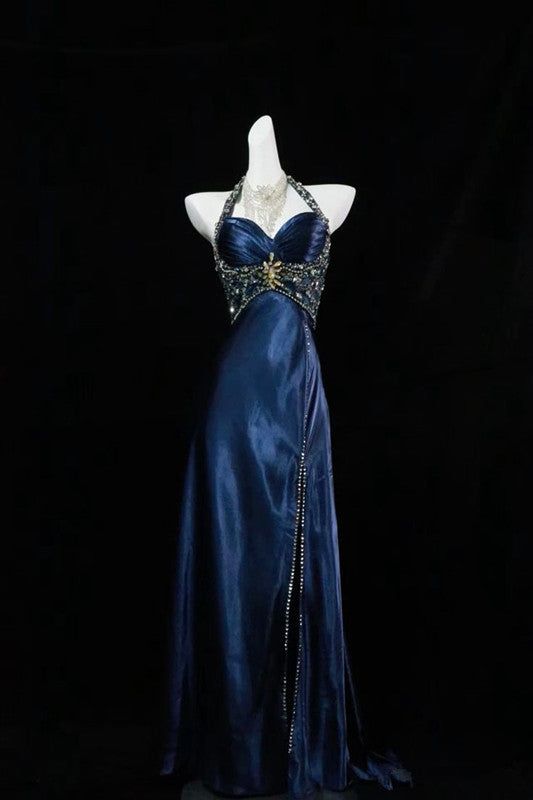 Vintage Sheath Halter Beaded Navy Blue Satin Long Prom Dress Evening Dress DP1959