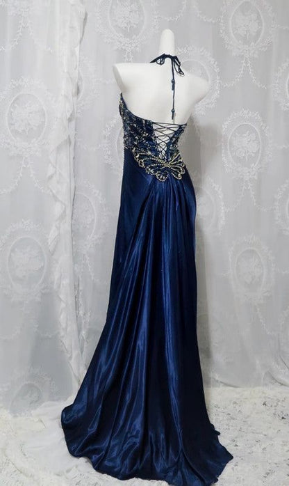 Vintage Sheath Halter Beaded Navy Blue Satin Long Prom Dress Evening Dress DP1959