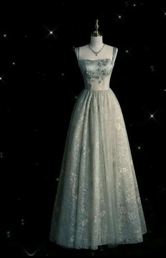 Gentle Sage Green A Line Straps Beaded Lace Prom Dress DP5179