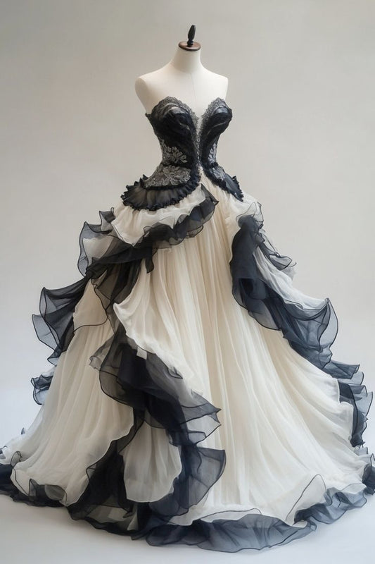 Stunning A Line Sweetheart Neck Appliques Black White Chiffon Party Dress Evening Dress DP2318