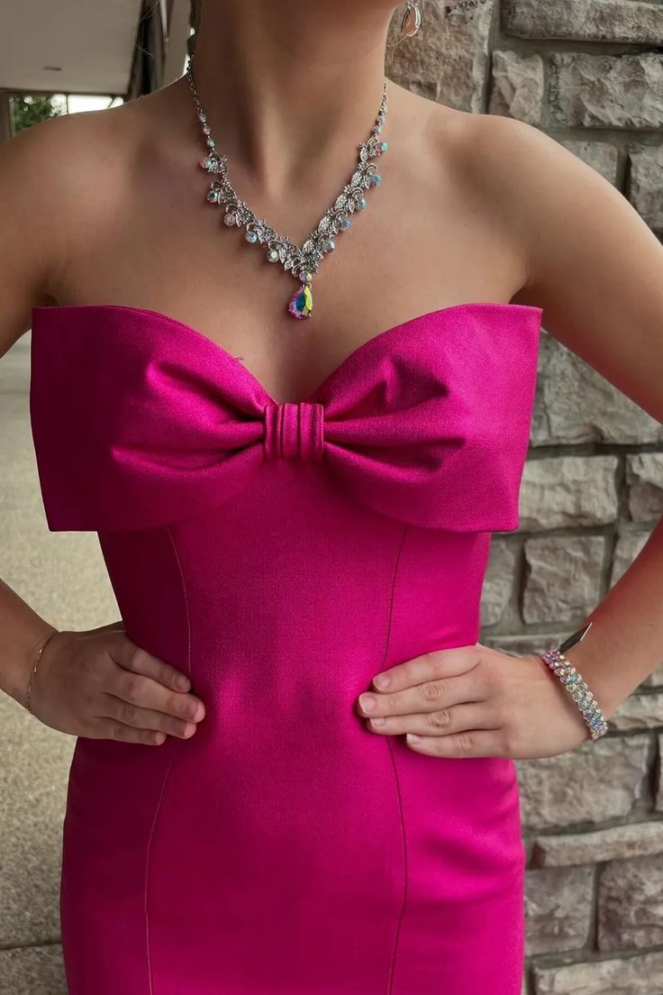 Hot Pink Mermaid Strapless Bow Satin Long Prom Dress Evening Dress DP1135