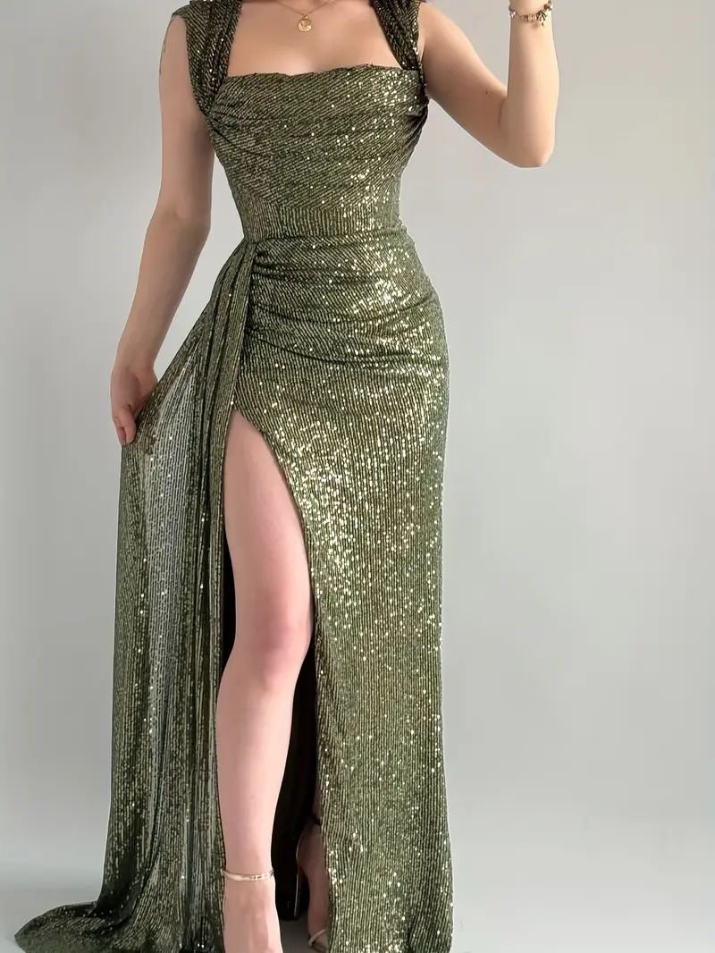 Olive Green Sheath Straps Sequin Prom Dress Evening Dress with Slit DP7509