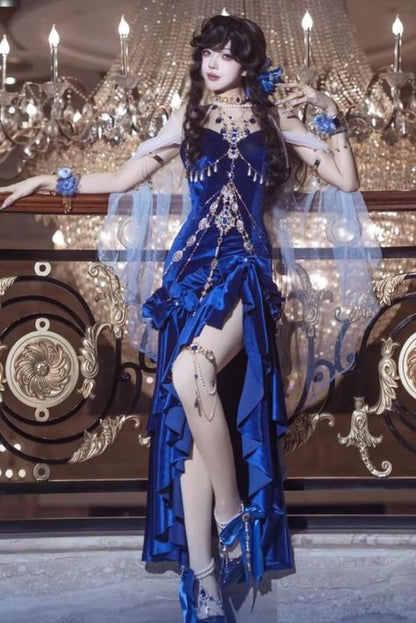 Stunning Blue Mermaid Spaghetti Strap Ruffle Velvet Prom Dress DP4157(Accessories not included)