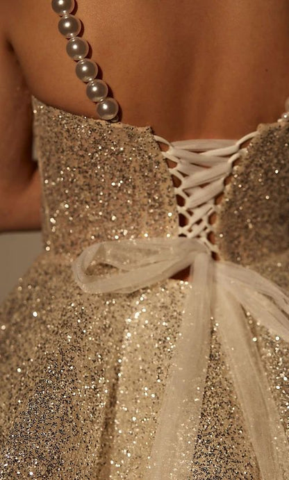 Shiny A Line Spaghetti Strap Pearl Sequin Mini Homecoming Dress DP2759