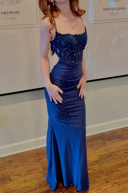 Navy Blue Sheath Spaghetti Straps Rhinestone Appliques Satin Prom Dress Formal Dress DP3508