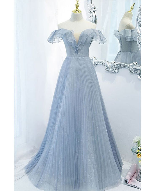 Blue A Line Off the Shoulder Sequins Tulle Long Prom Dress Evening Dress DP1317