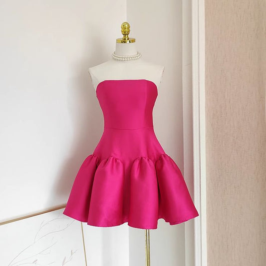 Pink A Line Strapless Satin Short Homecoming Dresses DP852