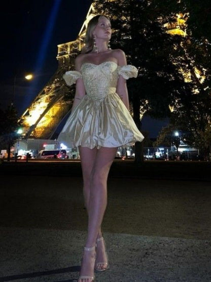 Princess Champagne A Line Puff Embroidery Satin Homecoming Dress Cocktail Dress DP3164