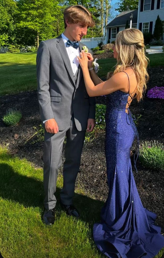 Royal Blue Mermaid V Neck Beaded Long Prom Dress Evening Dress DP1137