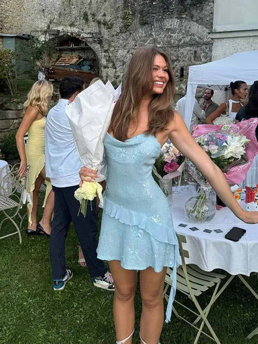 Blue A Line Spaghetti Strap Ruffle Chiffon Sequin Mini Homecoming Dress DP2760