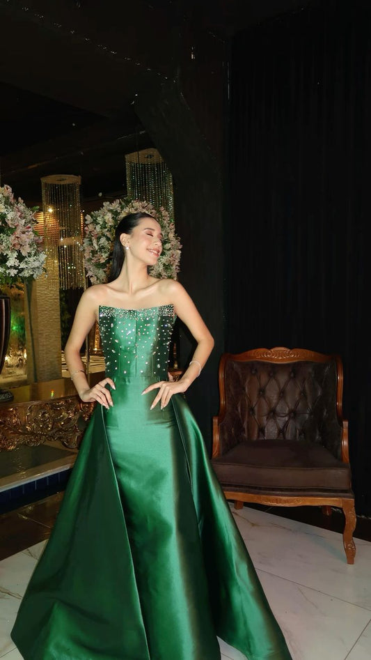 Emerald A Line Strapless Shiny Beaded Satin Long Prom Dress Evening Dress DP8023