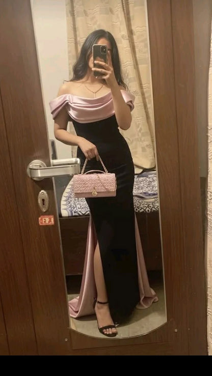 Elegant Black-pink A Line Off the Shoulder Satin Prom Dress Evening Dress DP6701